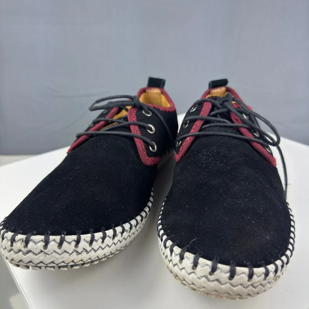 Fashion Casual Shoes Mens 10 Black Suede Burgundy Trim Whipstitch Lace Up Flats